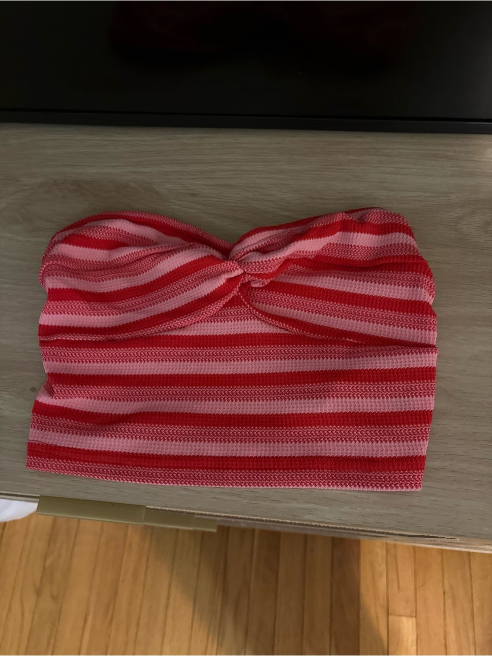 Striped Twist-Front Strapless Tube Top - Pink & Red